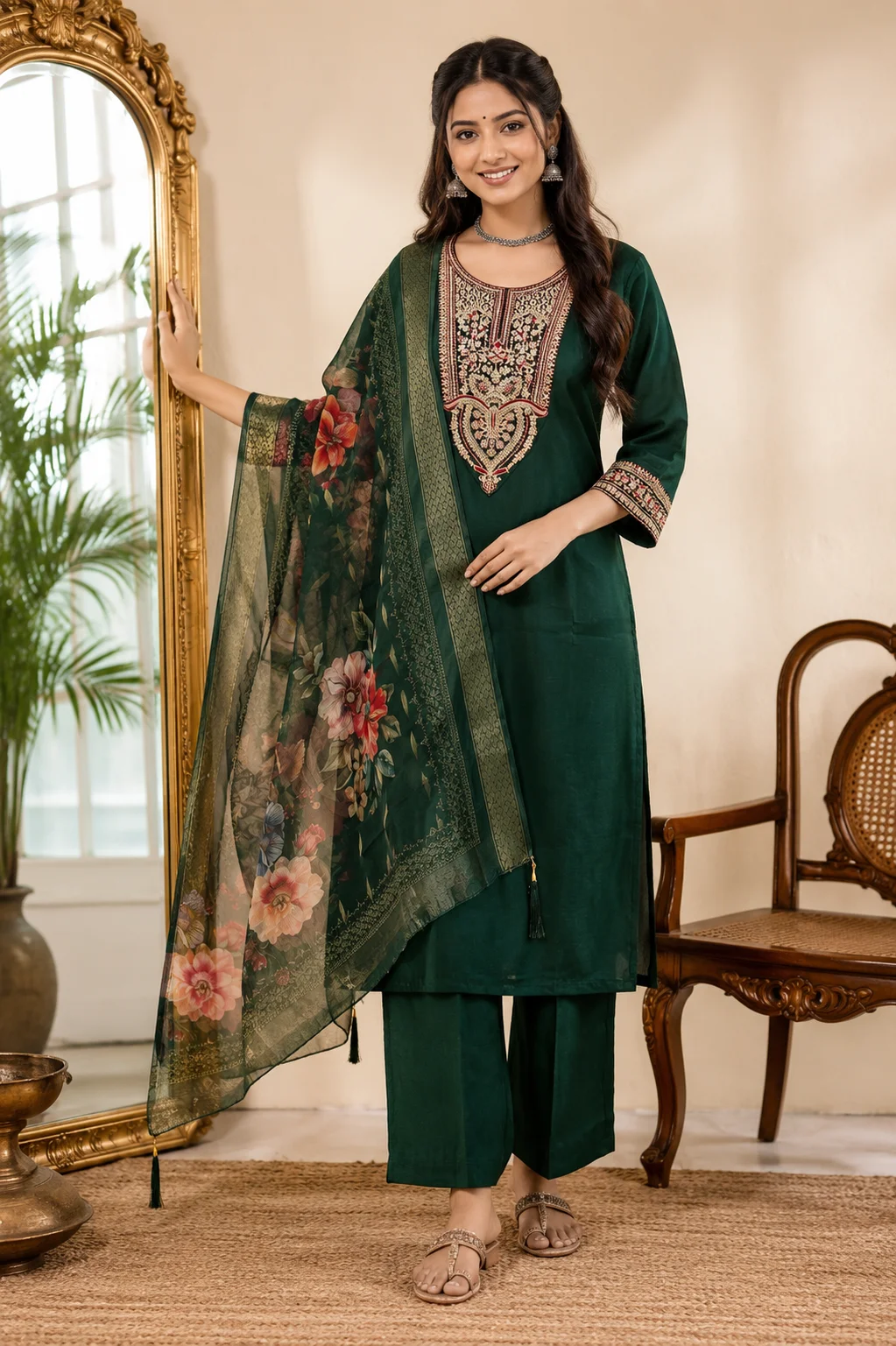 Woman wearing bottle green embroidered 3 piece kurta set with matching trousers and floral organza dupatta — View 5