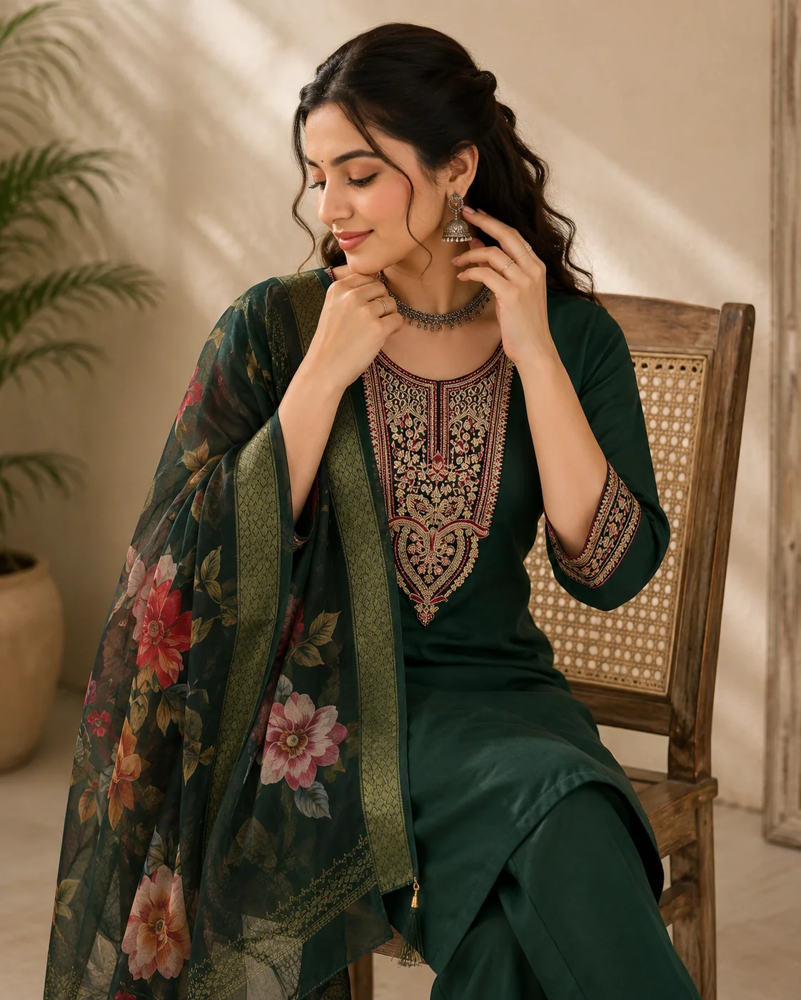 Woman wearing bottle green embroidered 3 piece kurta set with matching trousers and floral organza dupatta — View 2
