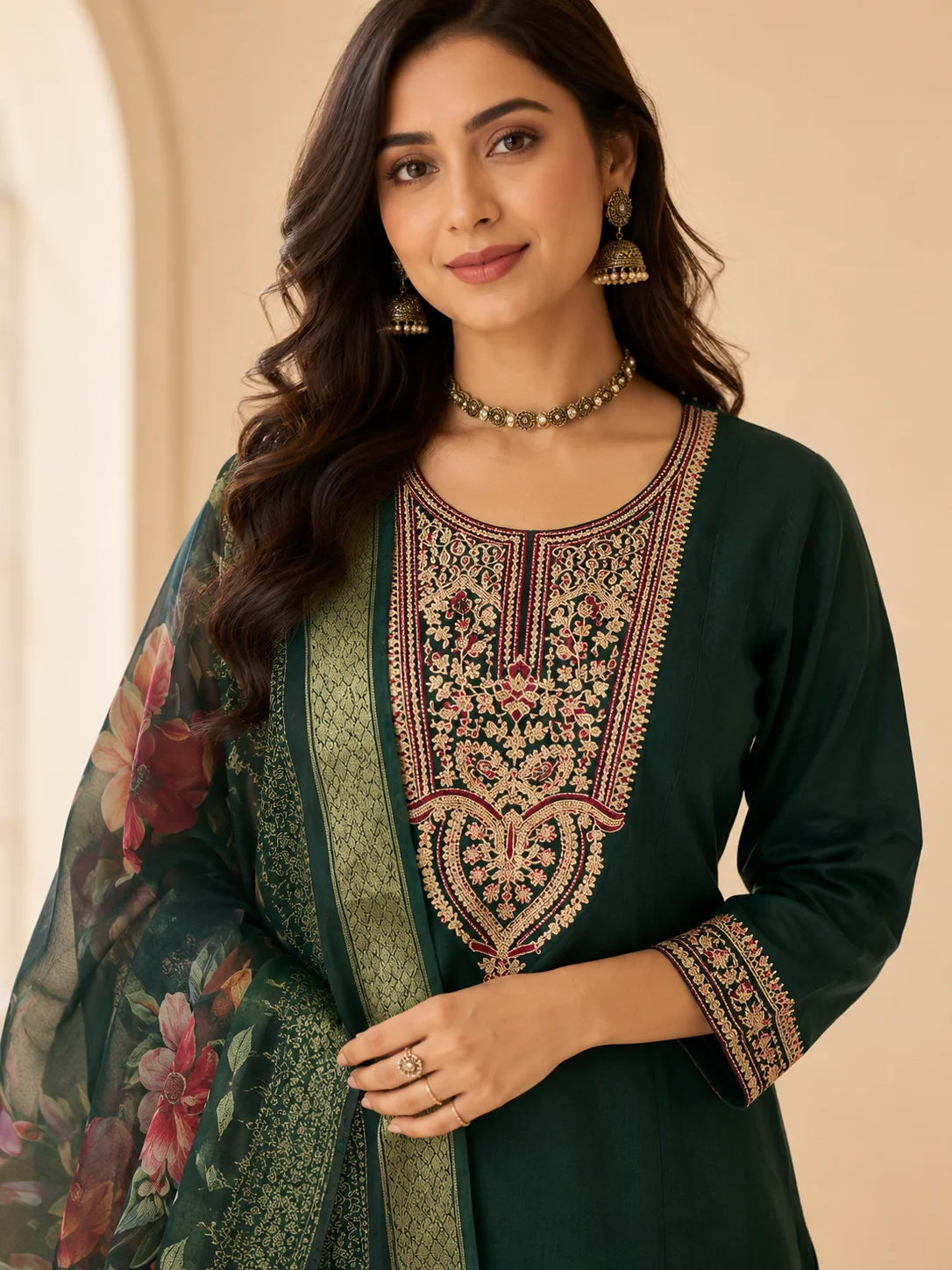 Woman wearing bottle green embroidered 3 piece kurta set with matching trousers and floral organza dupatta — View 3