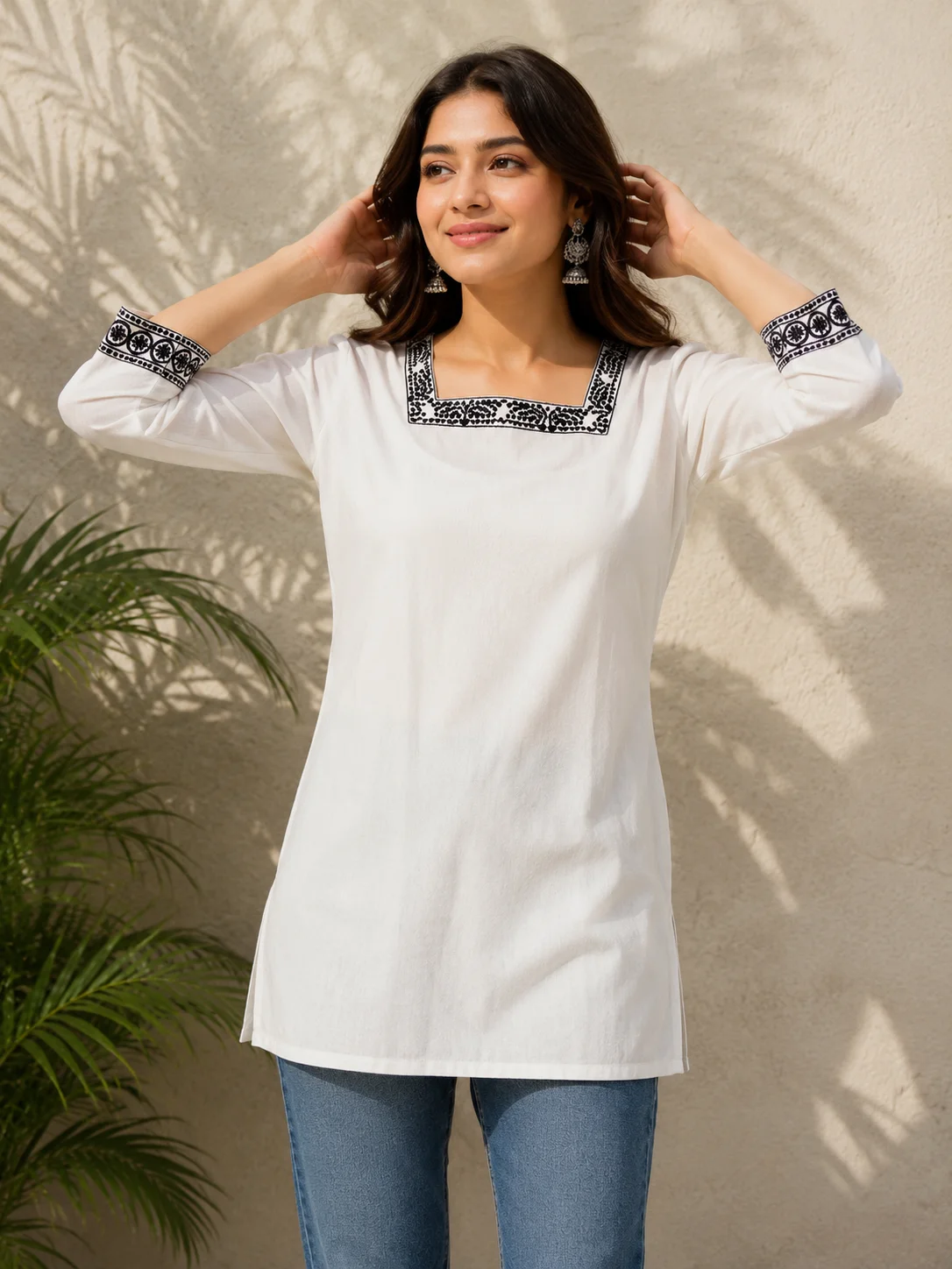 Ivory khadi cotton short kurti with black embroidered square neckline and three-quarter sleeves — View 2