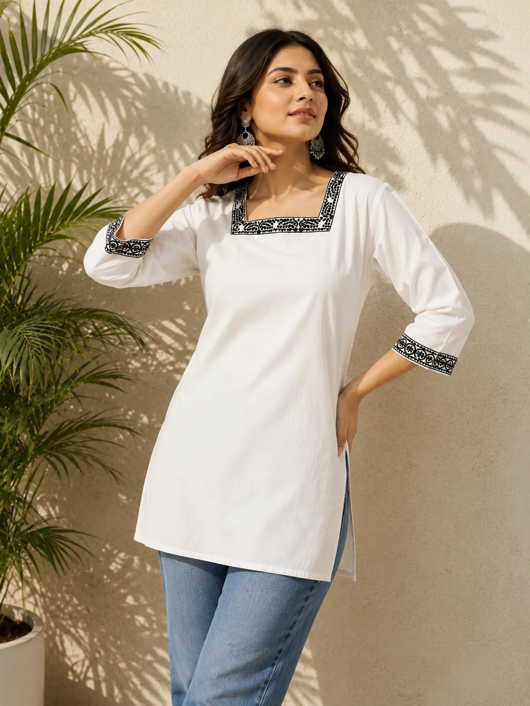 Ivory khadi cotton short kurti with black embroidered square neckline and three-quarter sleeves — View 3