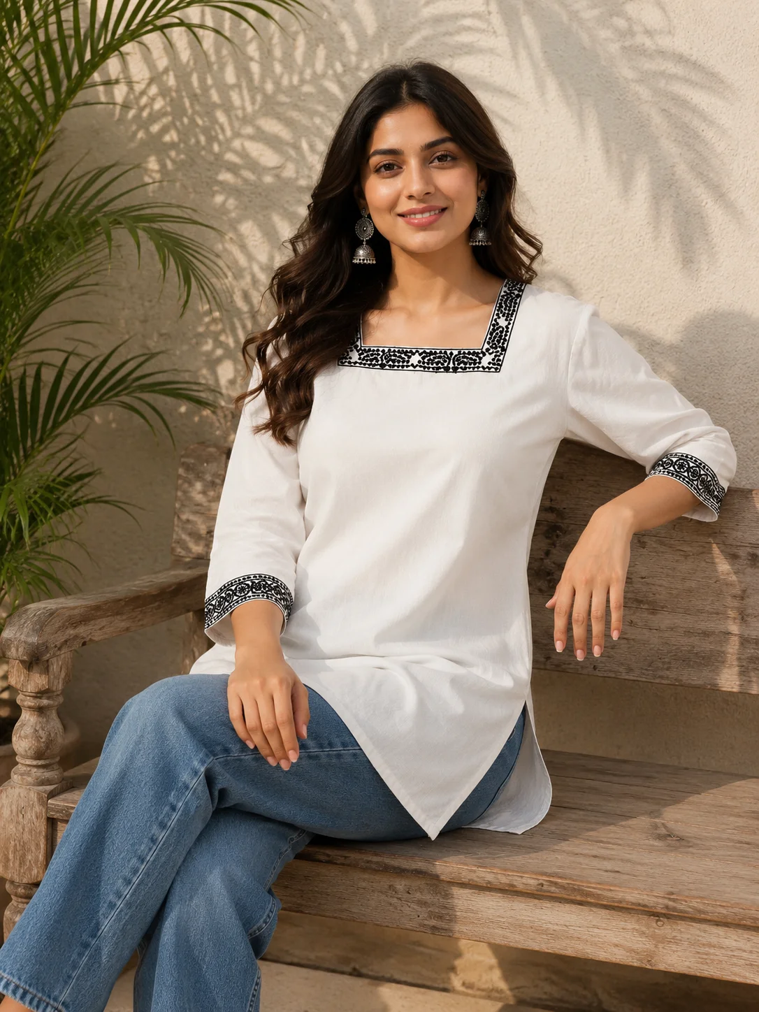 Ivory khadi cotton short kurti with black embroidered square neckline and three-quarter sleeves — View 4