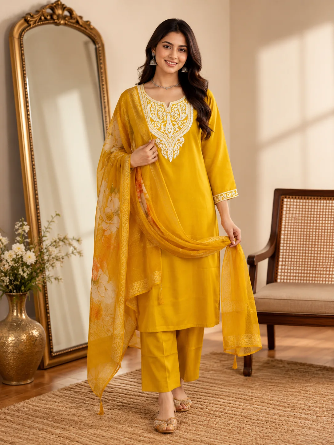 Woman wearing mustard yellow embroidered 3 piece kurta set with matching trousers and floral organza dupatta — View 2