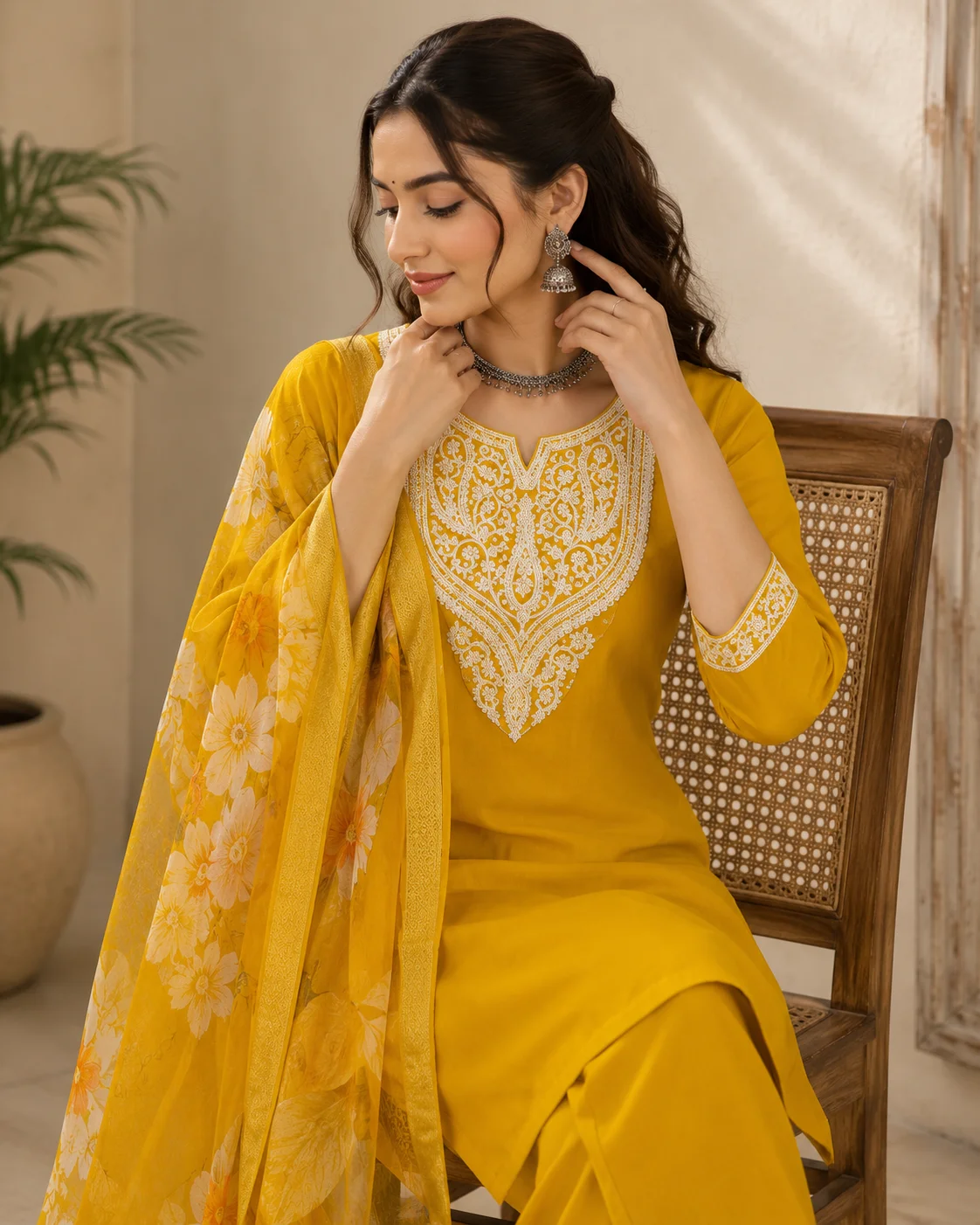 Woman wearing mustard yellow embroidered 3 piece kurta set with matching trousers and floral organza dupatta — View 3
