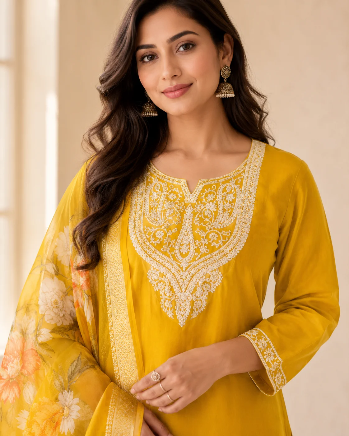 Woman wearing mustard yellow embroidered 3 piece kurta set with matching trousers and floral organza dupatta — View 4