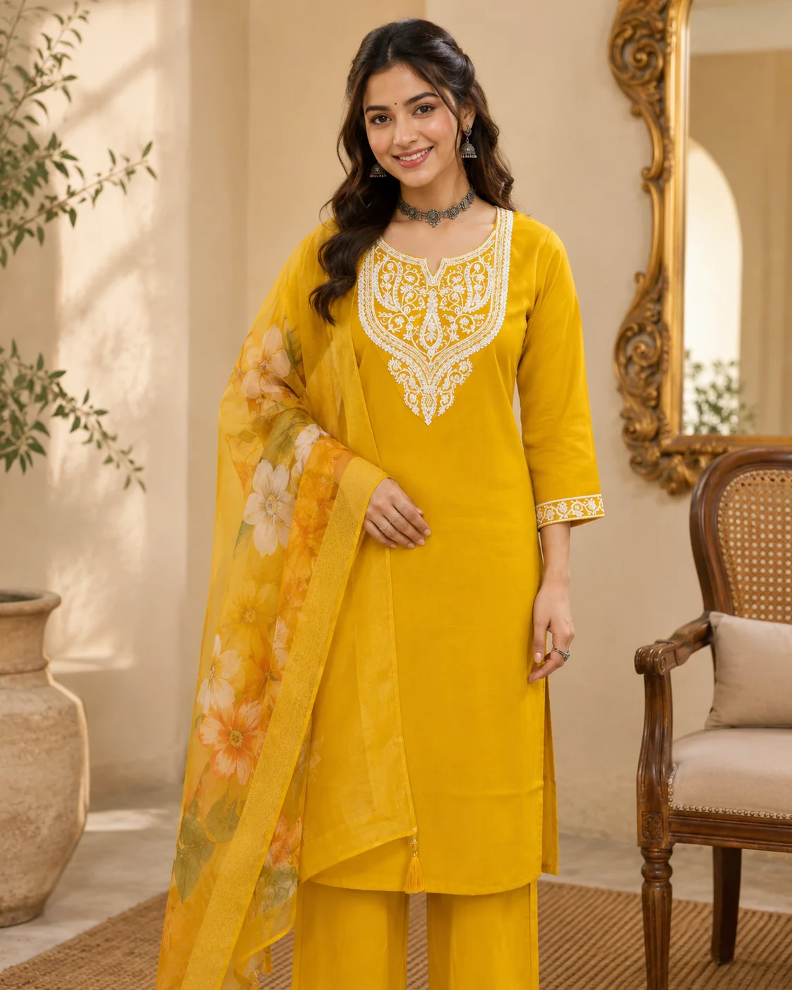 Woman wearing mustard yellow embroidered 3 piece kurta set with matching trousers and floral organza dupatta — View 5
