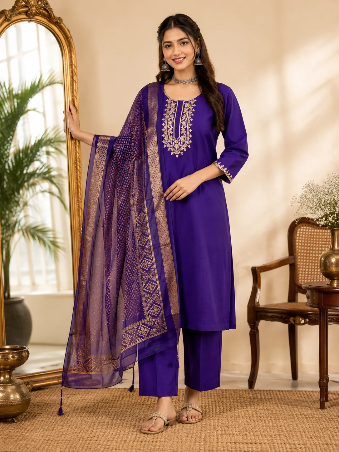 Woman wearing black cording embroidered 3 piece kurta set with matching trousers and floral organza dupatta — View 2