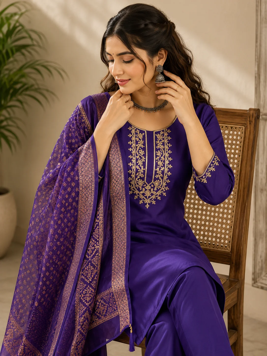 Woman wearing black cording embroidered 3 piece kurta set with matching trousers and floral organza dupatta — View 3