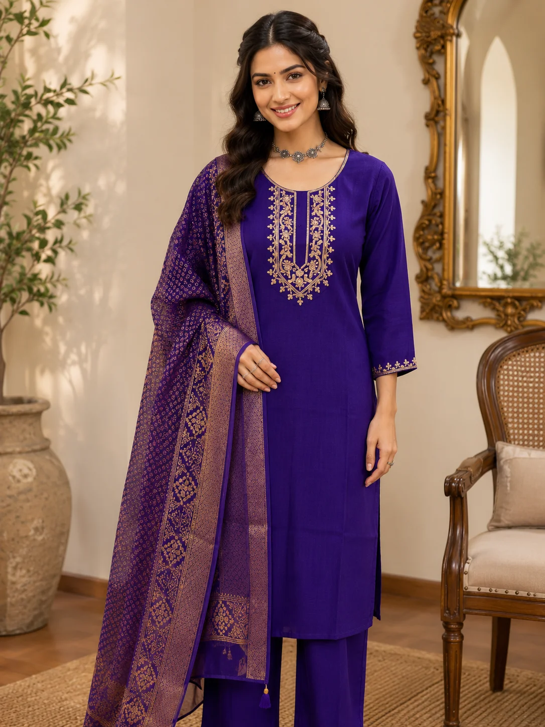 Woman wearing black cording embroidered 3 piece kurta set with matching trousers and floral organza dupatta — View 4
