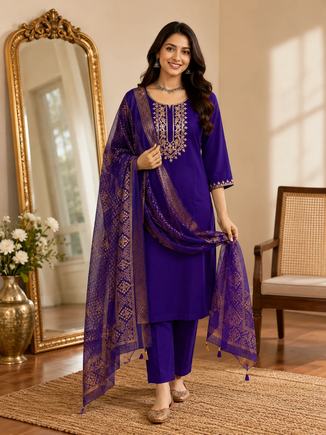 Woman wearing black cording embroidered 3 piece kurta set with matching trousers and floral organza dupatta