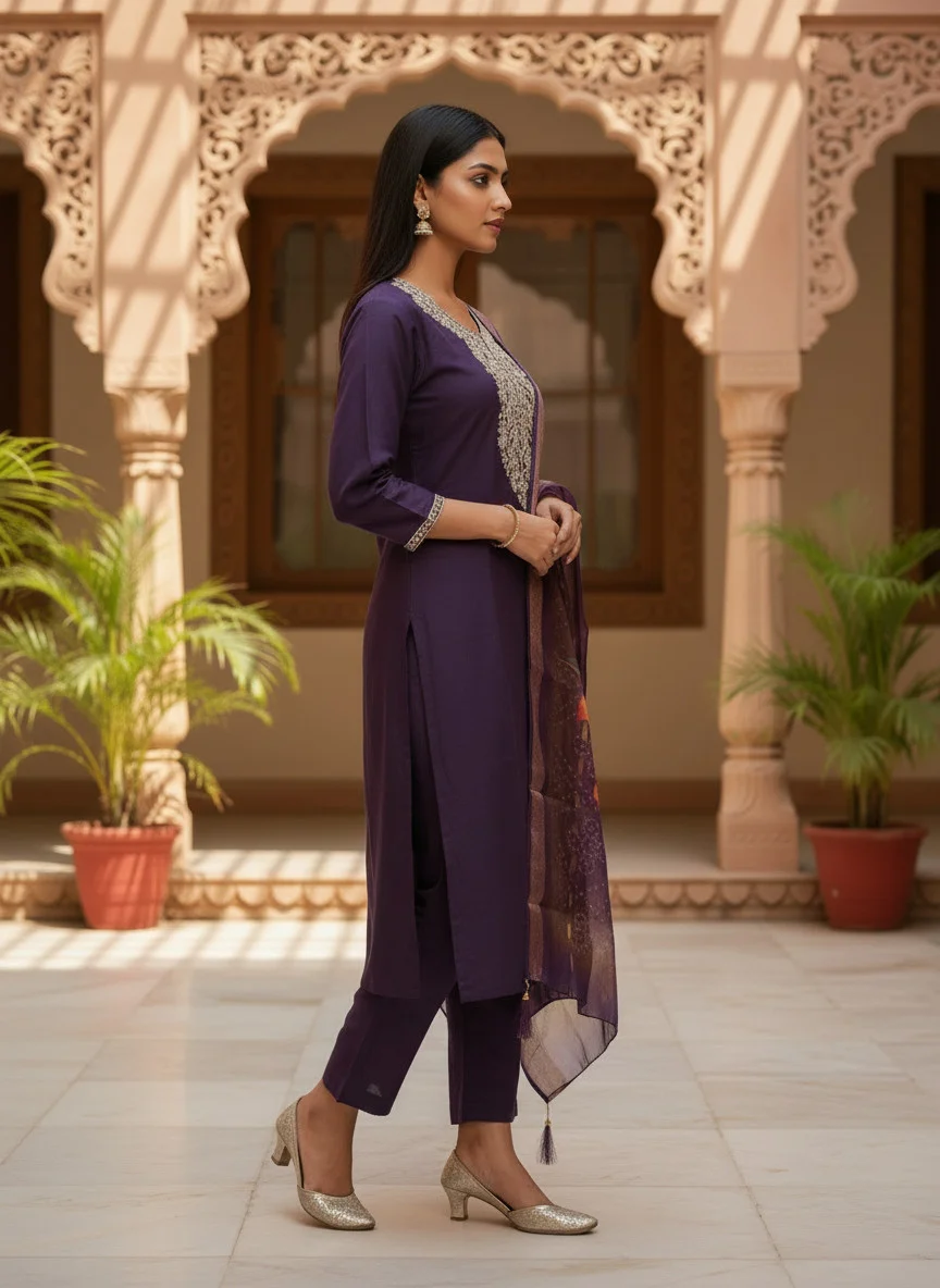 Woman wearing black cording embroidered 3 piece kurta set with matching trousers and floral organza dupatta — View 2