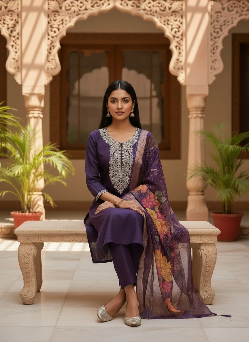 Woman wearing black cording embroidered 3 piece kurta set with matching trousers and floral organza dupatta — View 3