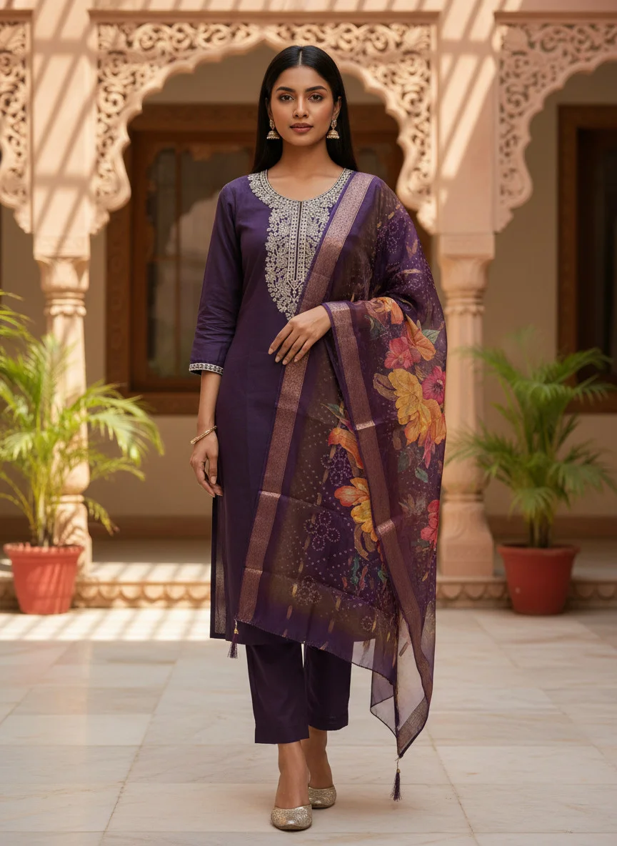 Woman wearing black cording embroidered 3 piece kurta set with matching trousers and floral organza dupatta — View 4