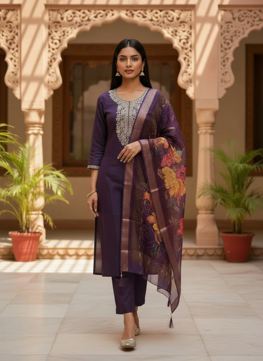 Woman wearing black cording embroidered 3 piece kurta set with matching trousers and floral organza dupatta
