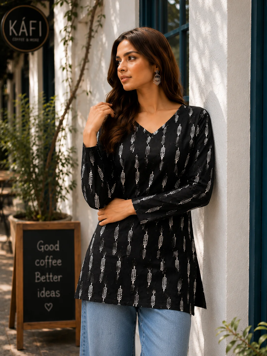 Black and white sprig print cotton short kurti with V-neck and long sleeves — View 2