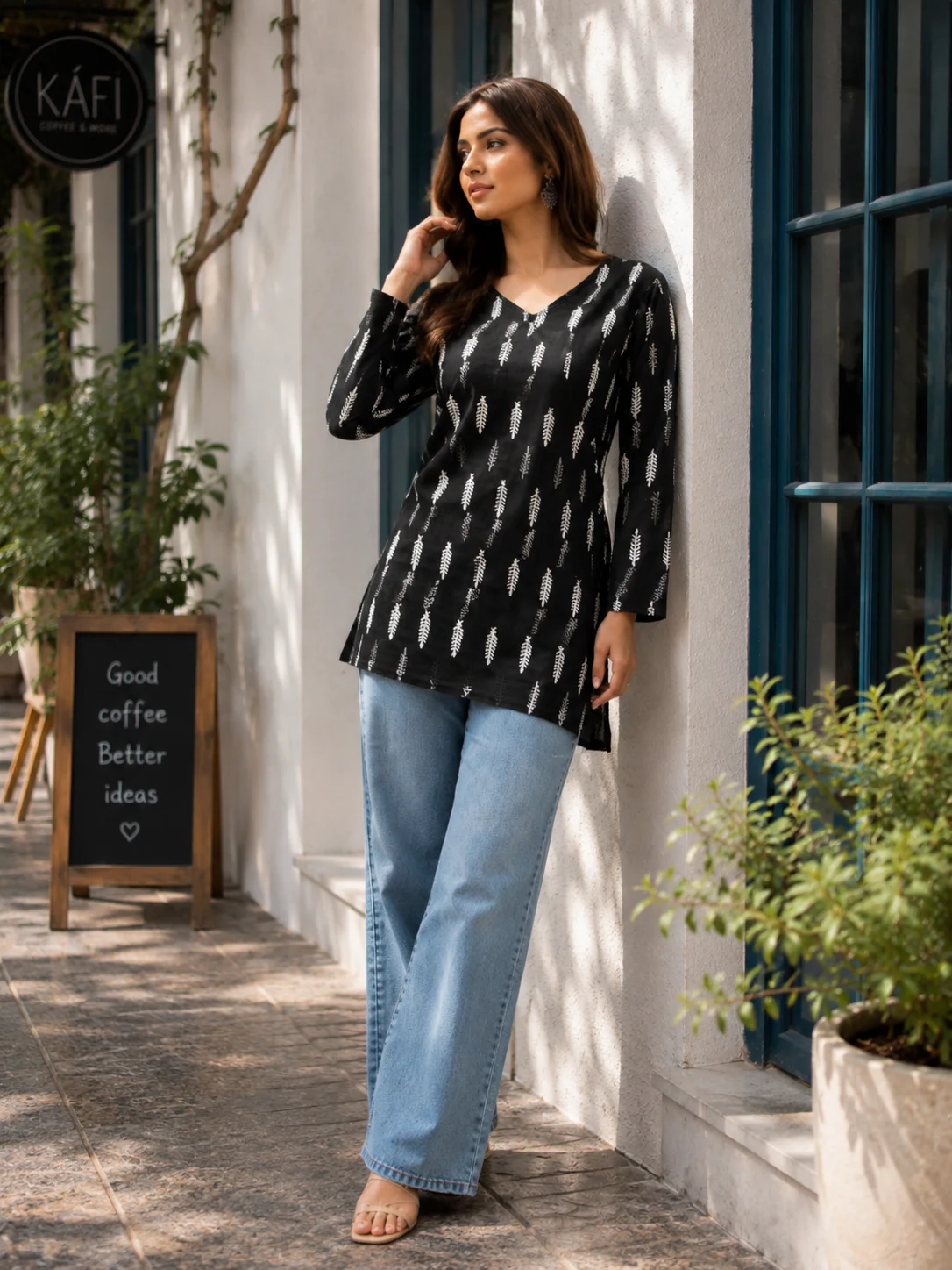 Black and white sprig print cotton short kurti with V-neck and long sleeves