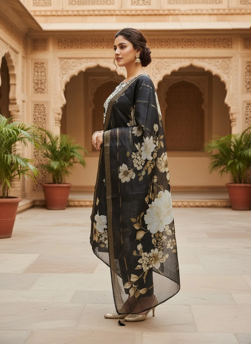 Woman wearing black cording embroidered 3 piece kurta set with matching trousers and floral organza dupatta — View 2