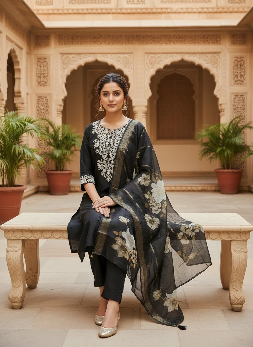 Woman wearing black cording embroidered 3 piece kurta set with matching trousers and floral organza dupatta — View 3