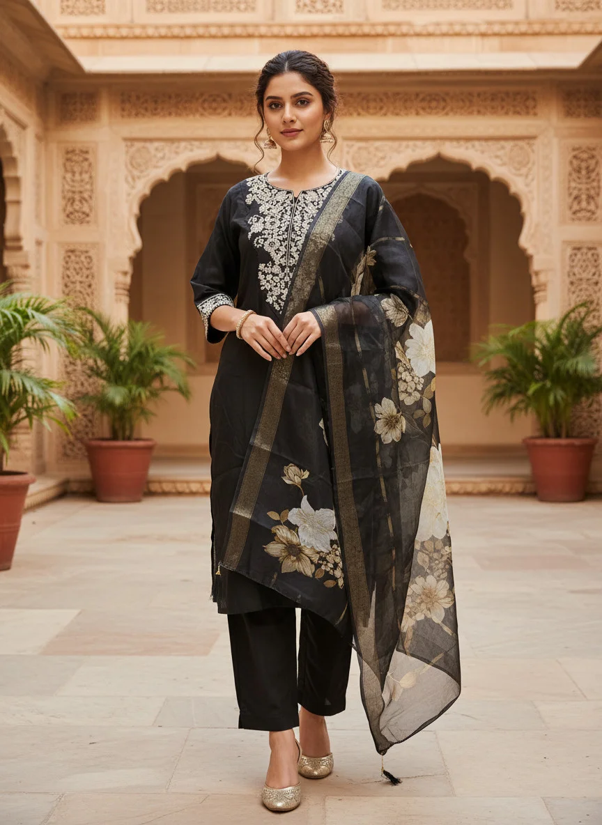Woman wearing black cording embroidered 3 piece kurta set with matching trousers and floral organza dupatta — View 4