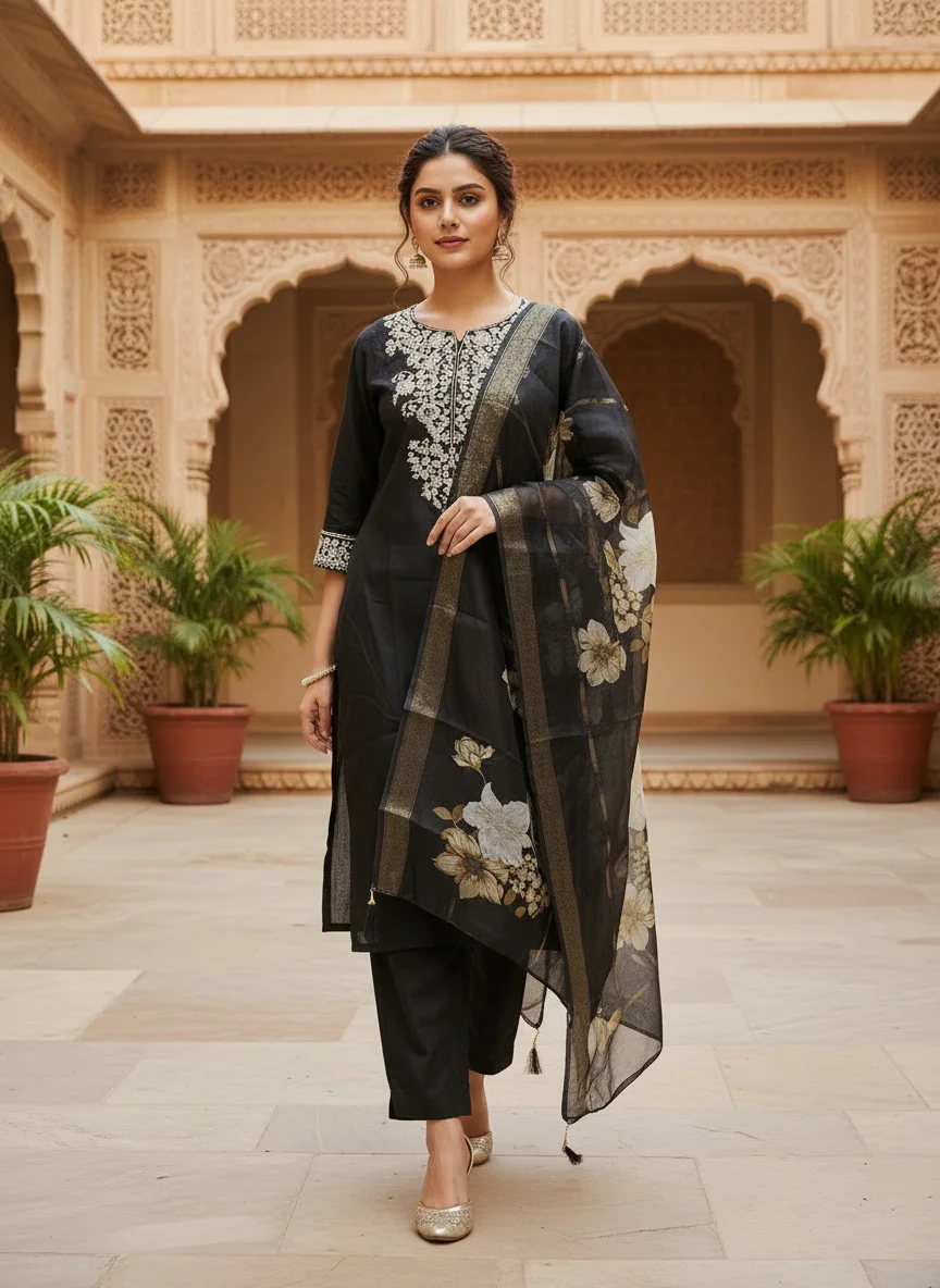 Woman wearing black cording embroidered 3 piece kurta set with matching trousers and floral organza dupatta