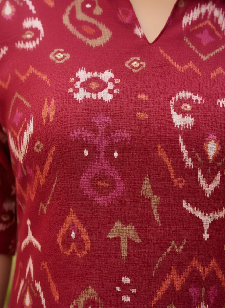 Woman wearing crimson red ikat printed Vertican 2 piece co-ord set — View 3
