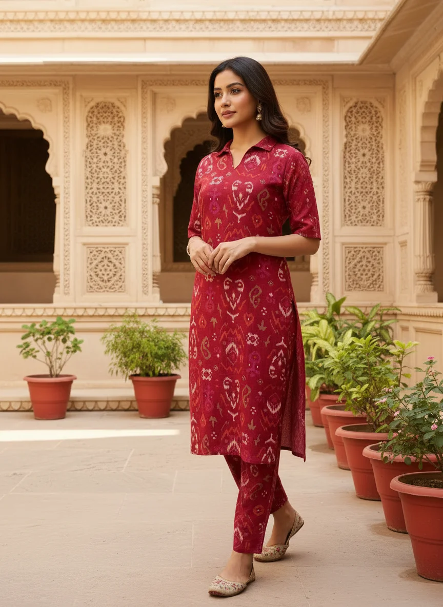 Woman wearing crimson red ikat printed Vertican 2 piece co-ord set — View 2