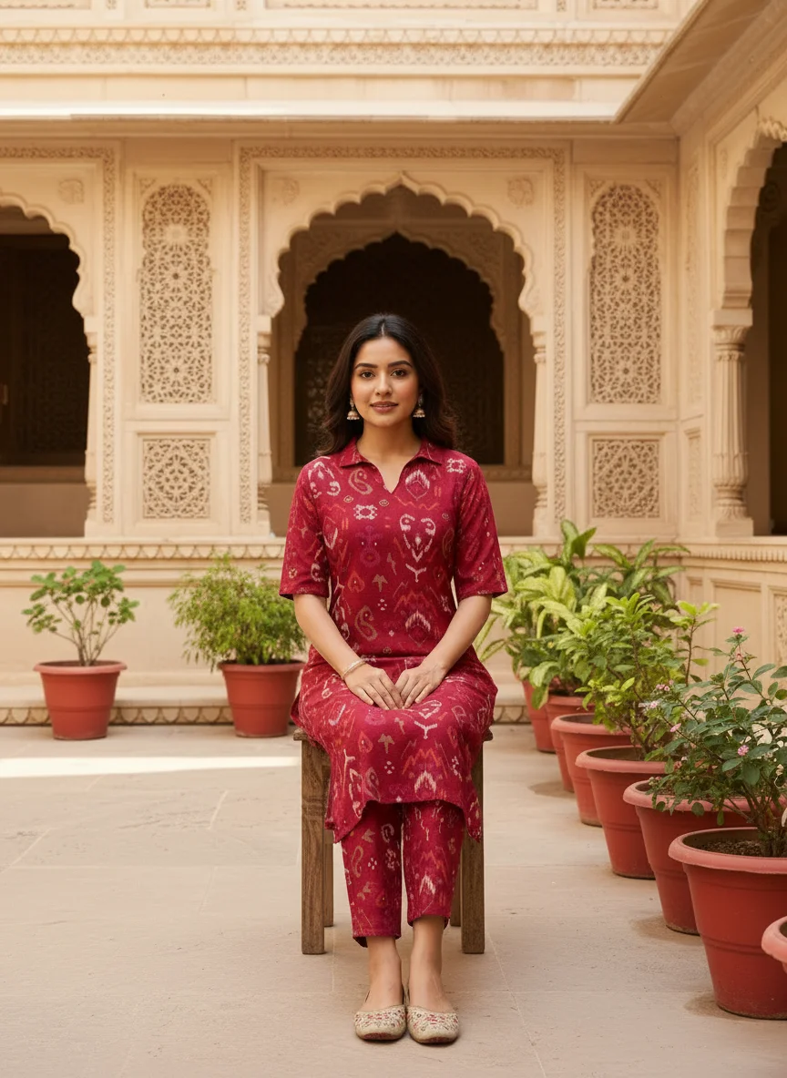 Woman wearing crimson red ikat printed Vertican 2 piece co-ord set — View 4