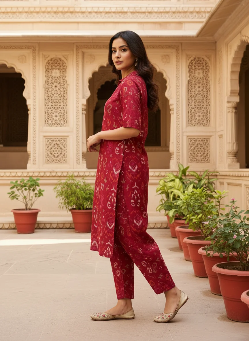 Woman wearing crimson red ikat printed Vertican 2 piece co-ord set — View 5