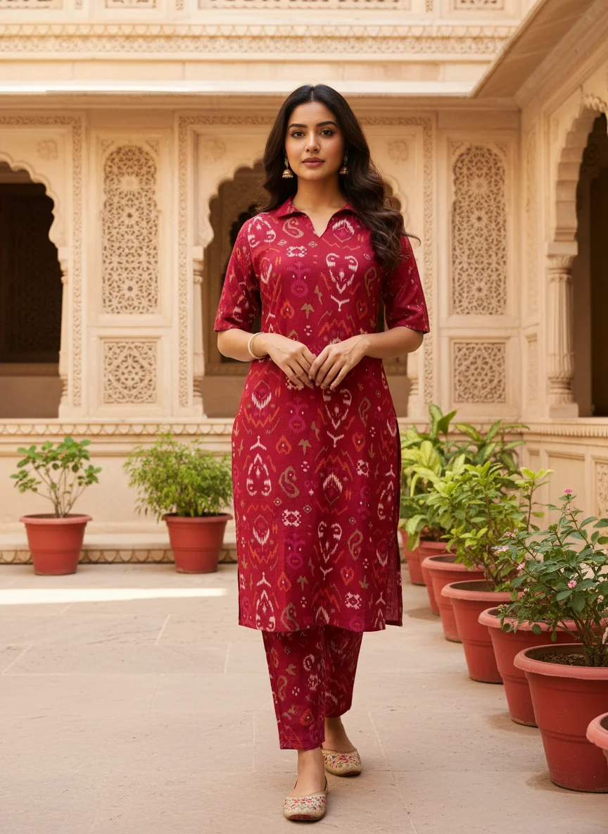 Woman wearing crimson red ikat printed Vertican 2 piece co-ord set