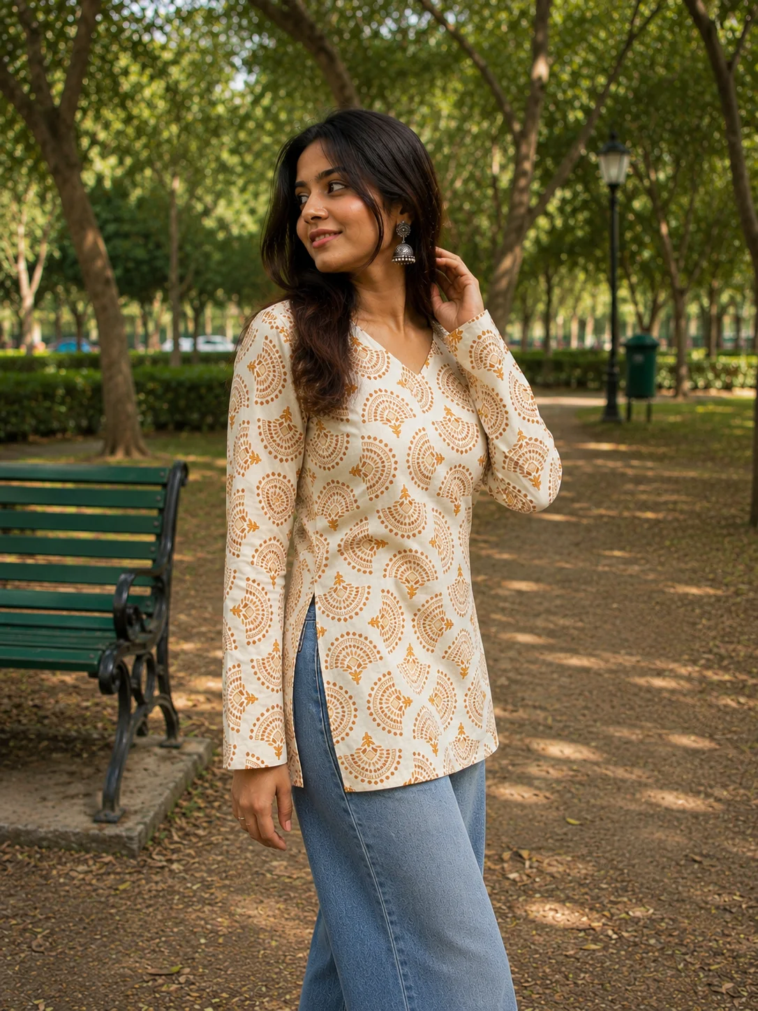 Women's Neerja ivory and teal motif cotton short kurti with V-neck and long sleeves — View 5