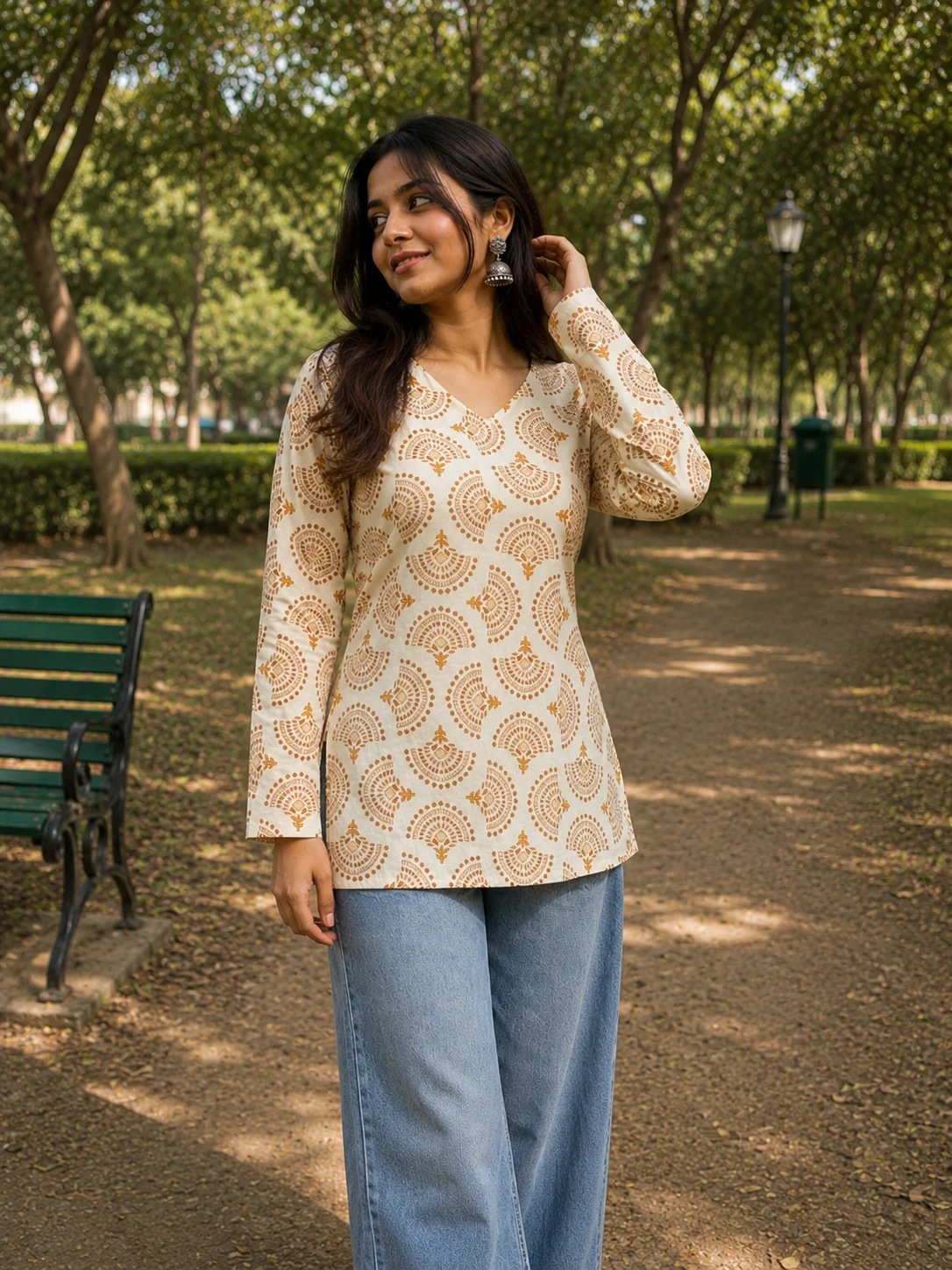 Women's Neerja ivory and teal motif cotton short kurti with V-neck and long sleeves — View 3