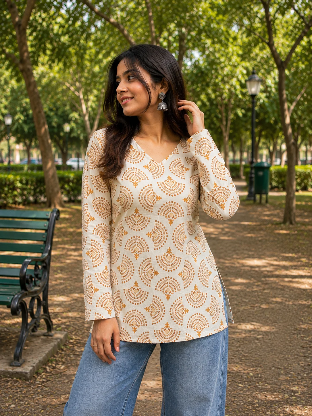 Women's Neerja ivory and teal motif cotton short kurti with V-neck and long sleeves — View 2