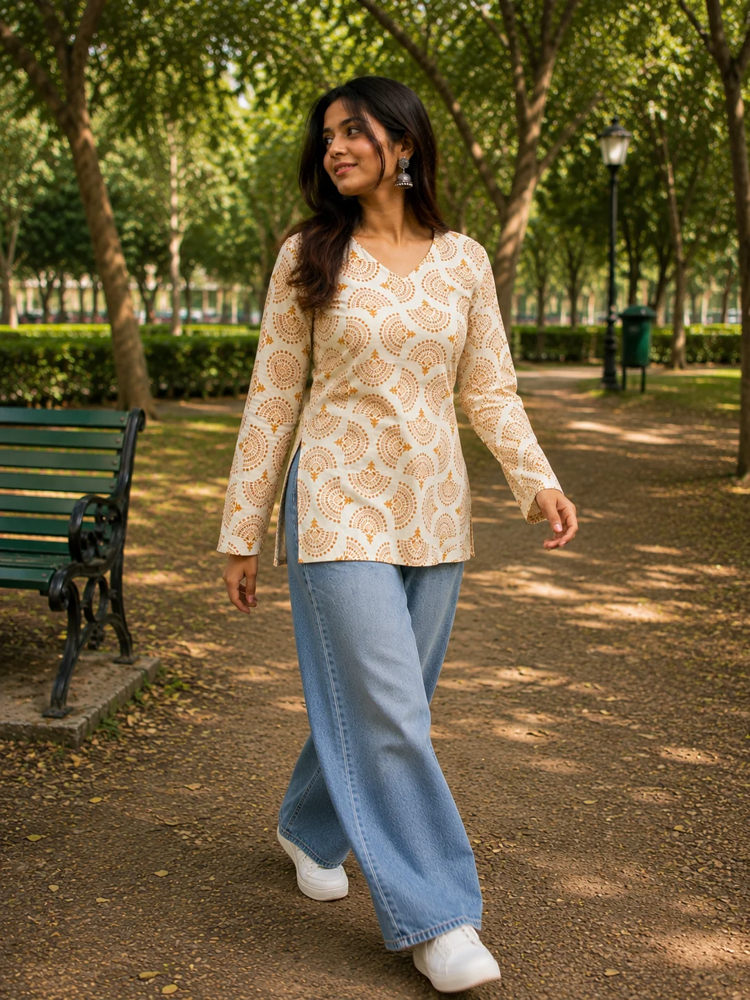 Women's Neerja ivory and teal motif cotton short kurti with V-neck and long sleeves — View 4