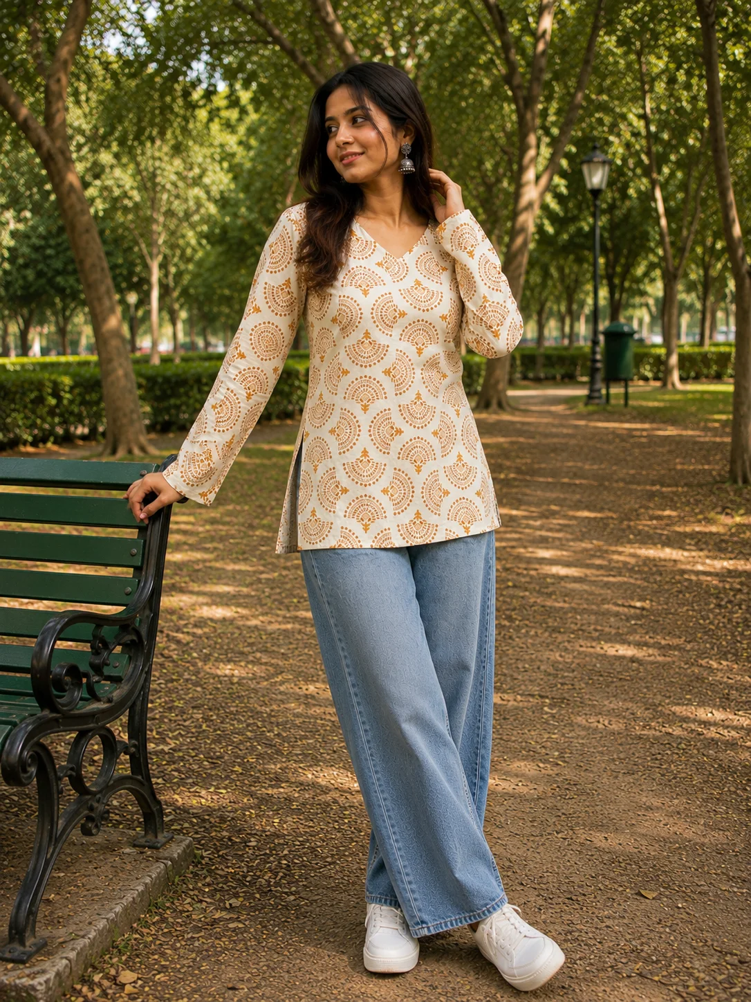 Women's Neerja ivory and teal motif cotton short kurti with V-neck and long sleeves