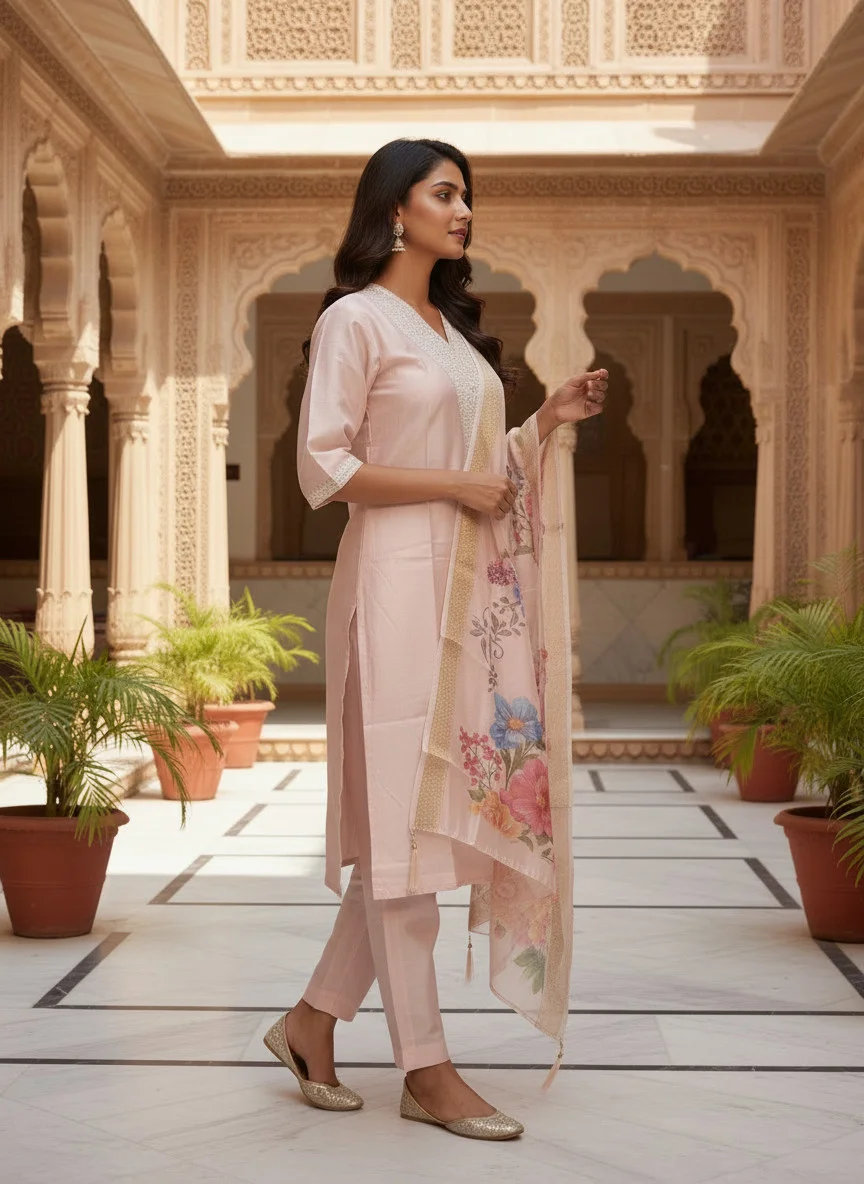 Woman wearing blush pink embroidered 3 piece kurta set with matching trousers and floral organza dupatta — View 2