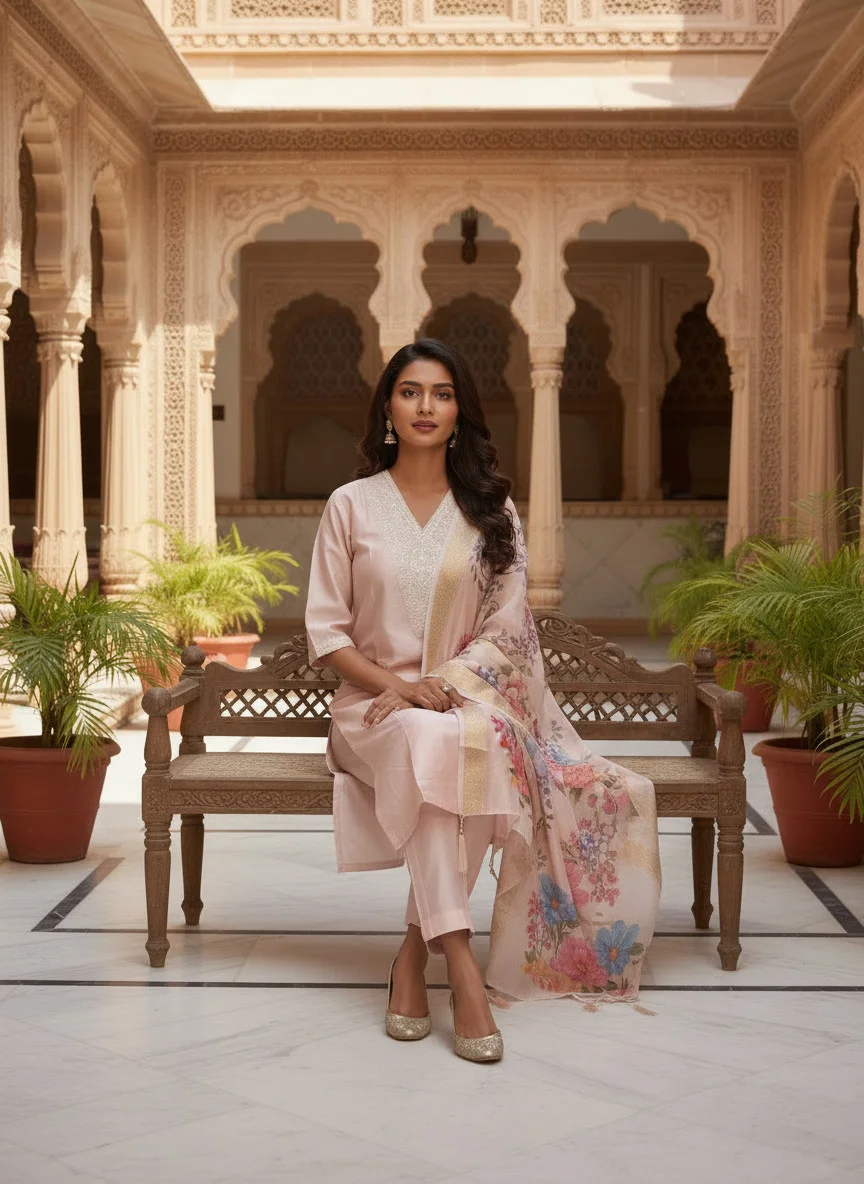 Woman wearing blush pink embroidered 3 piece kurta set with matching trousers and floral organza dupatta — View 3