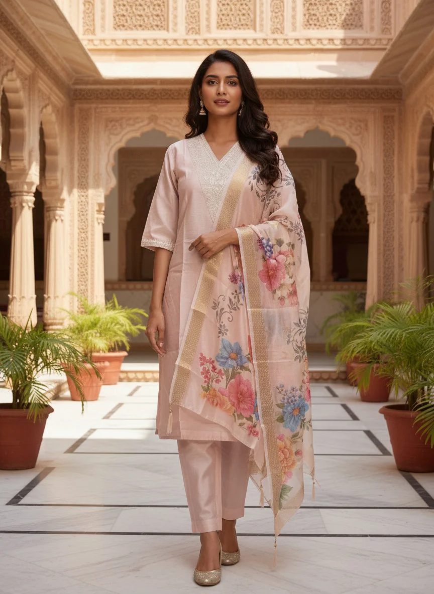 Woman wearing blush pink embroidered 3 piece kurta set with matching trousers and floral organza dupatta — View 4
