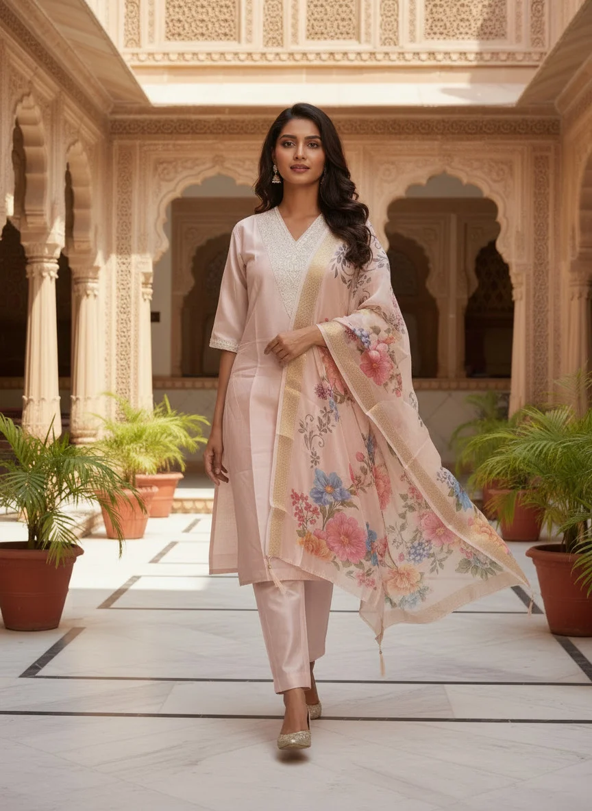 Woman wearing blush pink embroidered 3 piece kurta set with matching trousers and floral organza dupatta