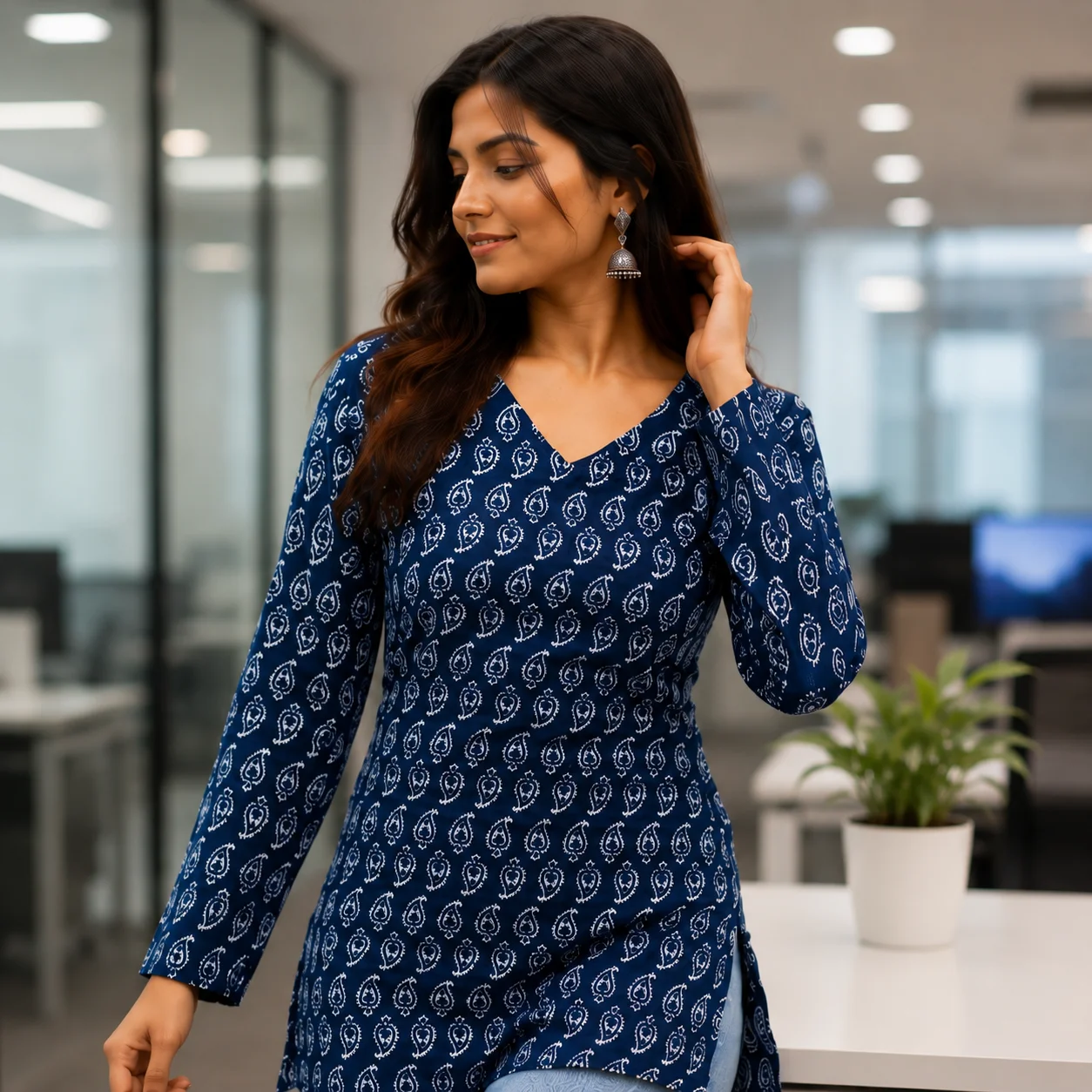 Navy blue and white motif cotton short kurti with V-neck and long sleeves — View 4