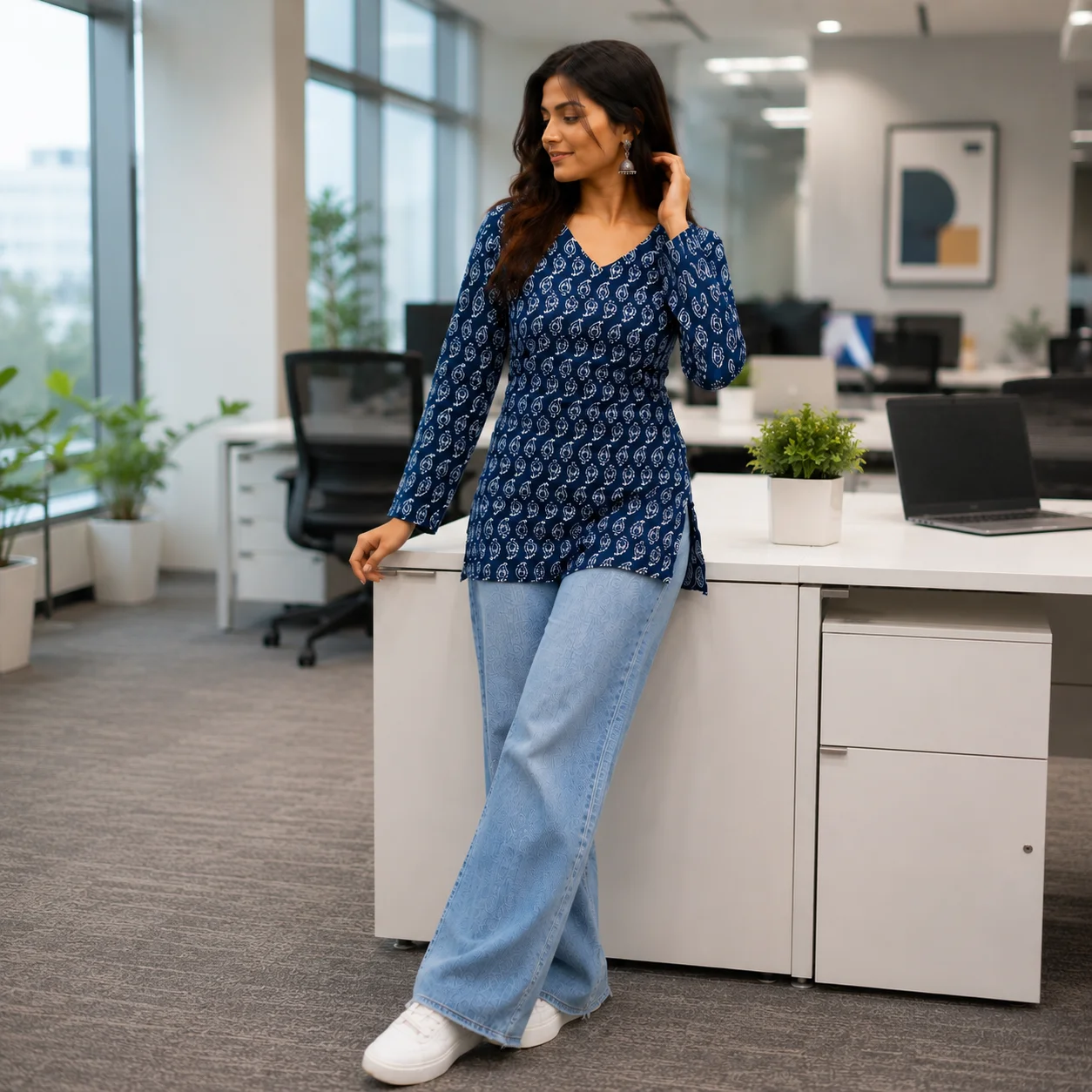 Navy blue and white motif cotton short kurti with V-neck and long sleeves