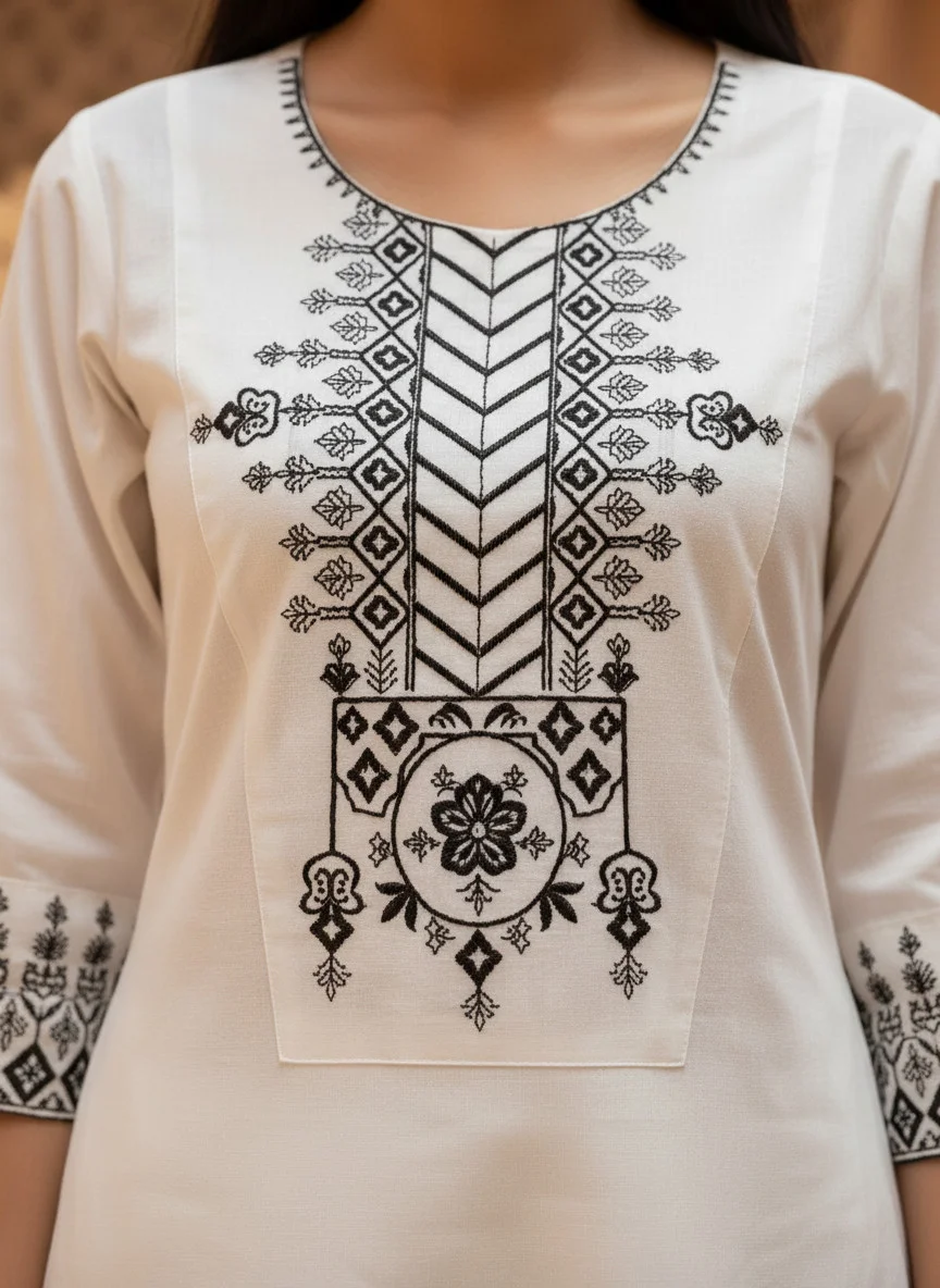 Woman wearing ivory white and black embroidered Khadi Cotton 2 piece co-ord set — View 3