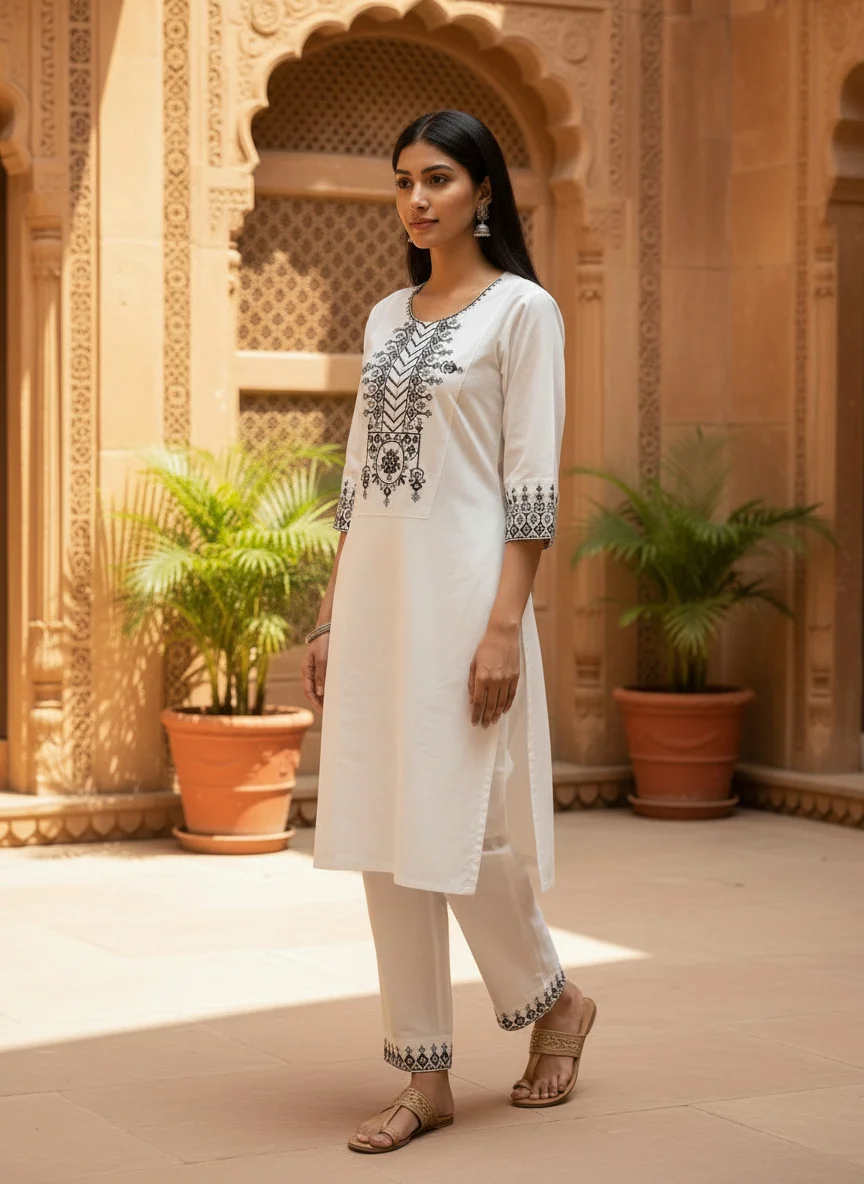 Woman wearing ivory white and black embroidered Khadi Cotton 2 piece co-ord set — View 2