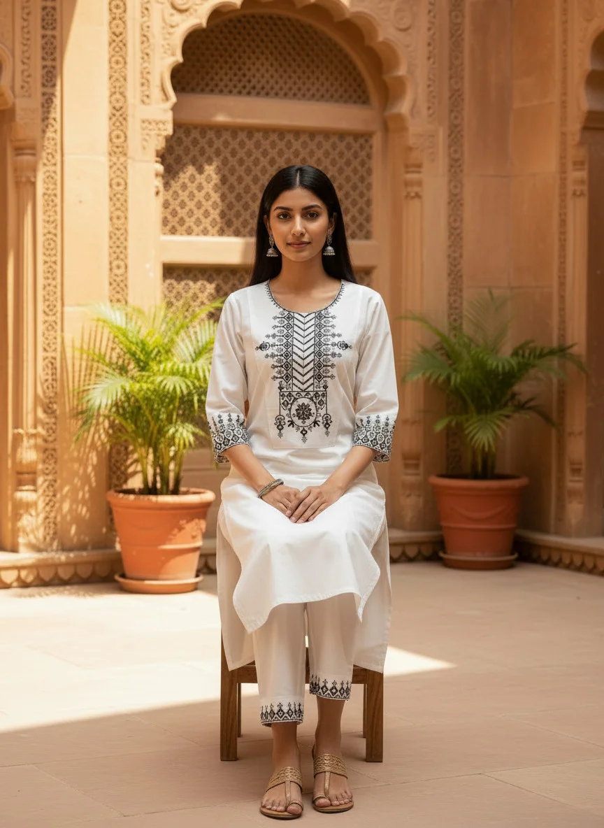 Woman wearing ivory white and black embroidered Khadi Cotton 2 piece co-ord set — View 4