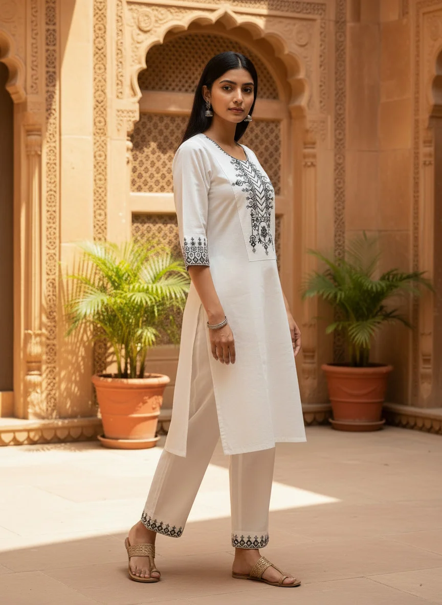 Woman wearing ivory white and black embroidered Khadi Cotton 2 piece co-ord set — View 5
