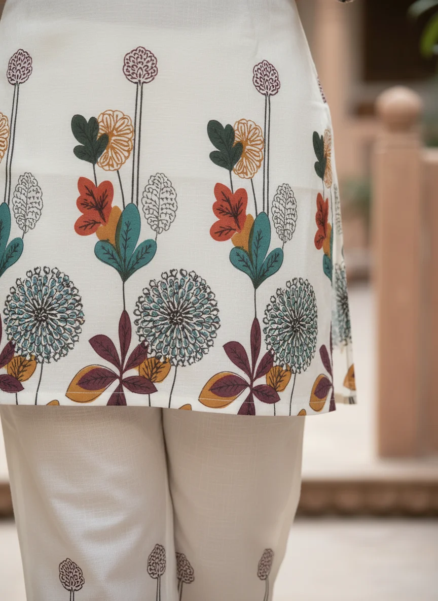 Woman wearing ivory botanical printed khadi cotton 2 piece co-ord set — View 2