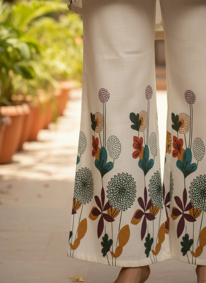 Woman wearing ivory botanical printed khadi cotton 2 piece co-ord set — View 3