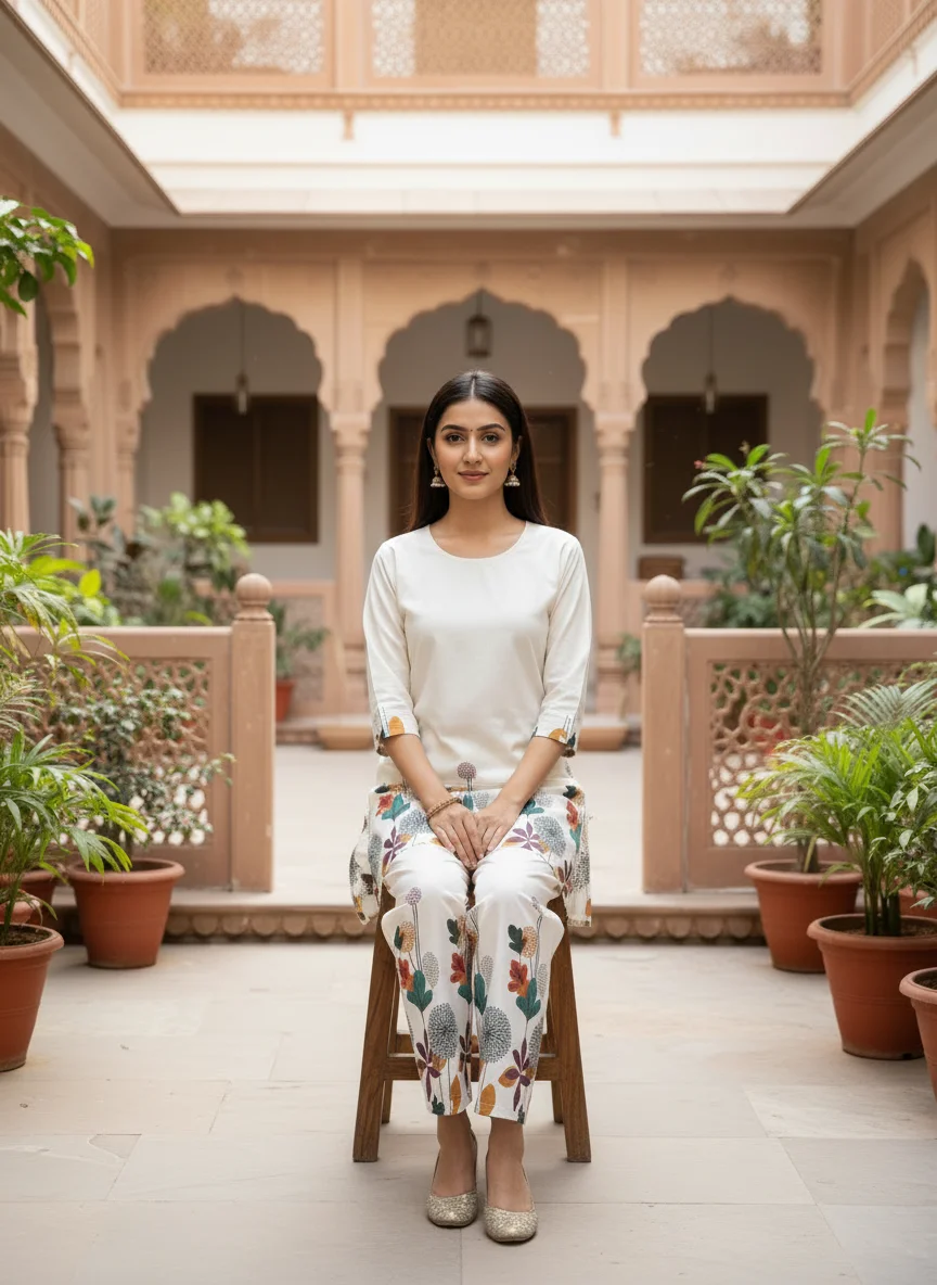 Woman wearing ivory botanical printed khadi cotton 2 piece co-ord set — View 4