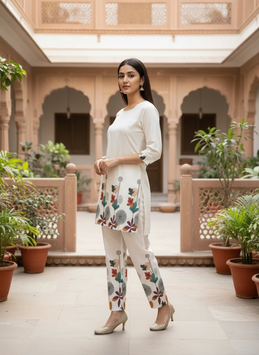 Woman wearing ivory botanical printed khadi cotton 2 piece co-ord set — View 5