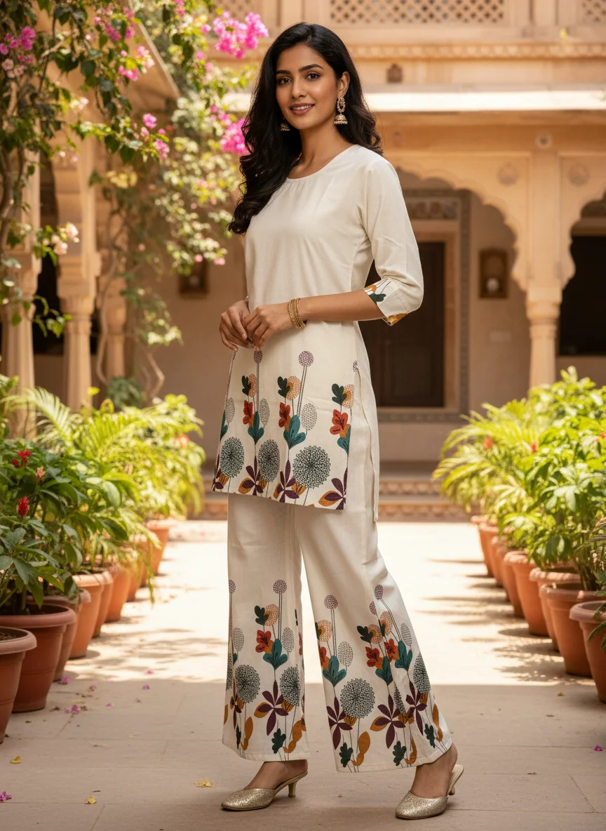 Woman wearing ivory botanical printed khadi cotton 2 piece co-ord set