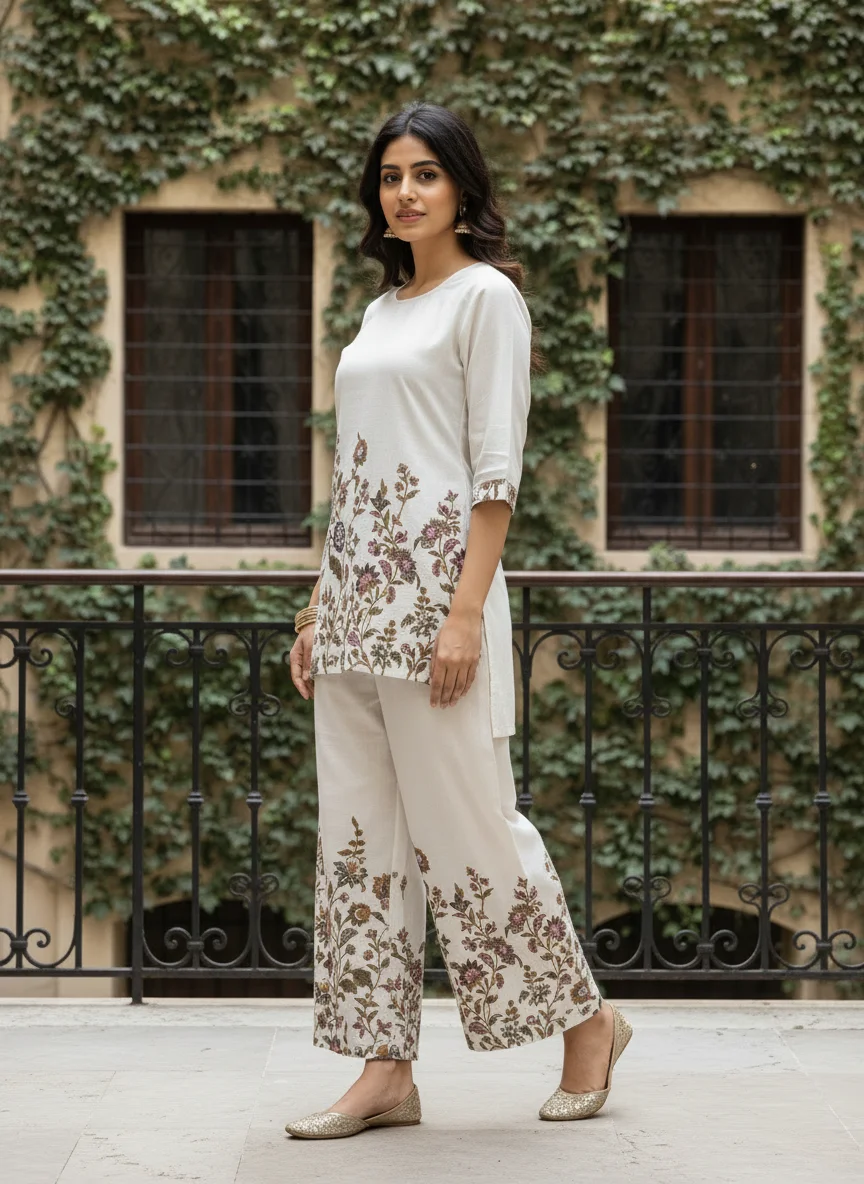 Woman wearing ivory floral printed khadi cotton 2 piece co-ord set with wide-leg bottoms — View 2